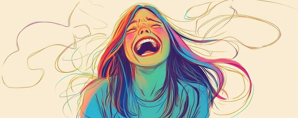 A vibrant illustration of a woman joyfully laughing, with colorful flowing hair.
