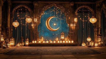 Obraz premium Ramadan ambiance crescent moon, lanterns, arches, and starry night.
