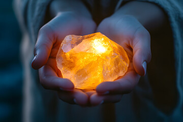 With hands gently cradling a luminous crystal, an individual engages in meditative practices, finding tranquility in a calming outdoor environment at dusk. Generative AI