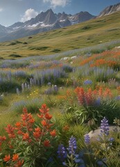 Mountain meadow with lupine and Indian paintbrush, mountain meadow, green grass, rocky terrain