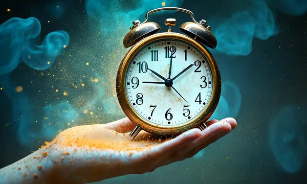 A hand holds an antique clock surrounded by colorful dust.