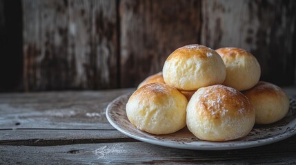 Freshly Baked Bread Rolls on Rustic Wooden Table Background