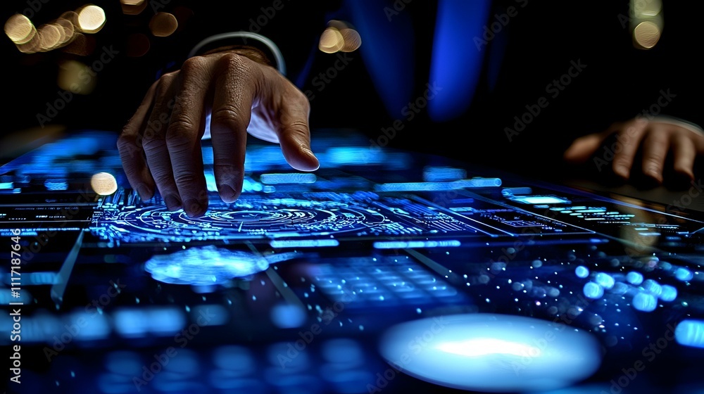 Poster futuristic interface, hand interacting with holographic display. man using advanced technology.