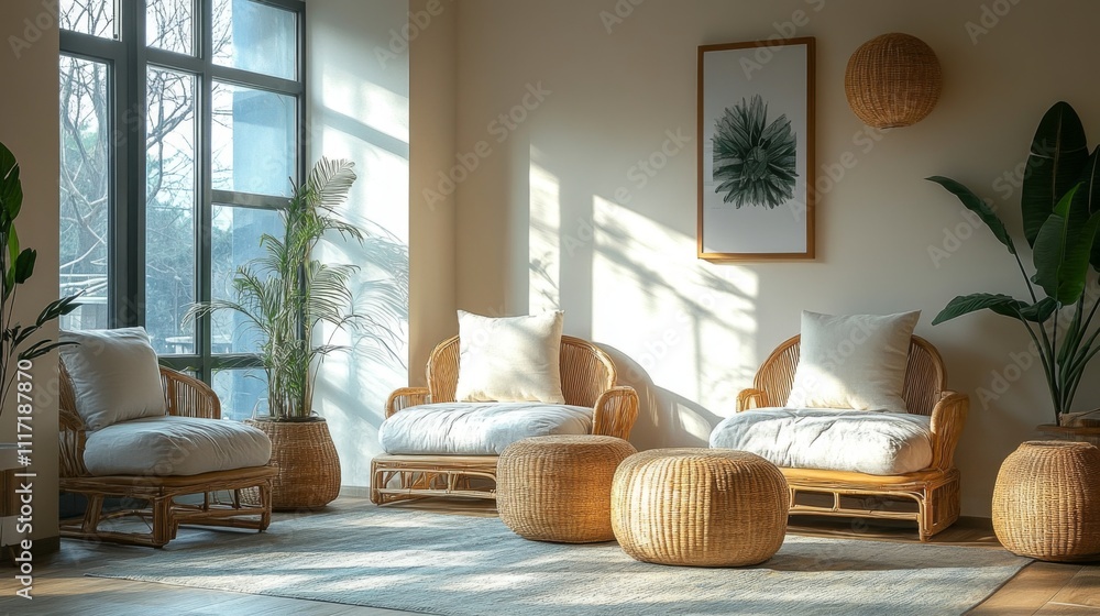 Aufkleber sunlight streams through the large windows of a stylish living room featuring rattan chairs, plush c