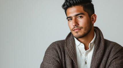 Obraz premium Handsome Young Man in Brown Cardigan Sweater