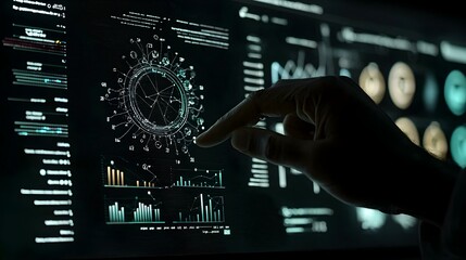 Fototapeta premium Hand interacting with futuristic data visualization on a dark screen. Image depicts advanced technology, data analysis, and digital interface.