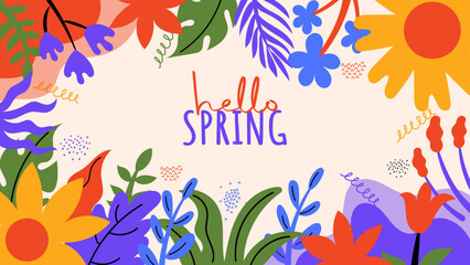 Hello spring banner vector illustration. Colorful spring season background template