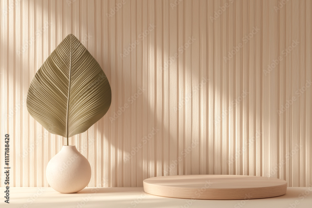 Poster stylish interior with a large leaf vase and minimalistic design in soft light.