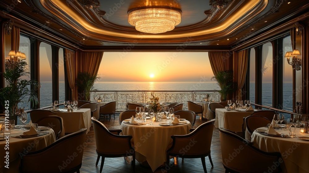 Aufkleber a sophisticated dining area features round tables set for dinner, with a stunning ocean sunset visib