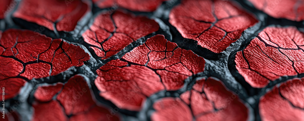 Poster close-up of textured red surface with cracks, showcasing unique patterns and colors.