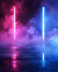 A blue and pink lighted smokey background with two glowing lights. Scene is mysterious and ethereal