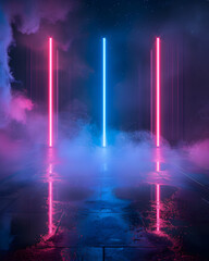 A neon sign with three glowing lights and a purple haze in the background. The lights are pink and blue