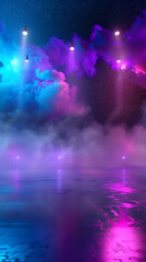 A colorful, glowing sky with a blue ocean in the background. The sky is filled with lights and smoke, creating a dreamy, otherworldly atmosphere