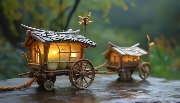 Enchanting miniature lantern carts magical forest decorative art serene nature close-up view whimsical concepts for tranquil home decor