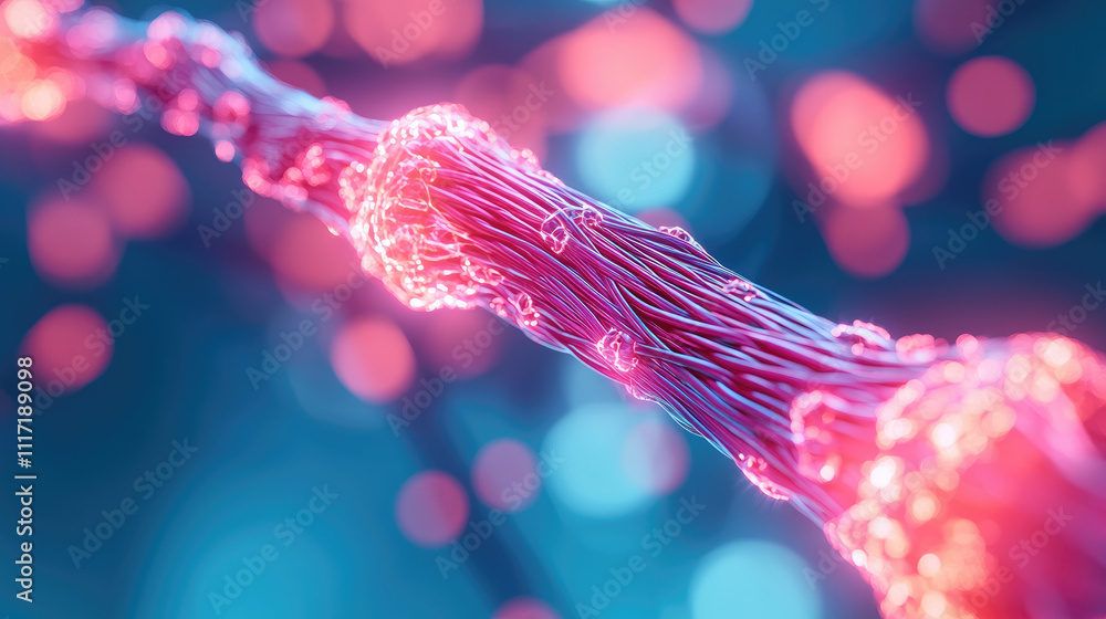 Poster close-up view of colorful, glowing strands highlighting cellular structures.