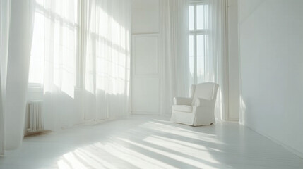Fototapeta premium Sunlit White Room Interior with Armchair and Sheer Curtains