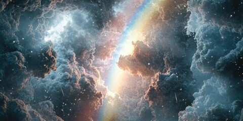 A vibrant rainbow emerges from dark, swirling clouds, creating a mystical atmosphere.