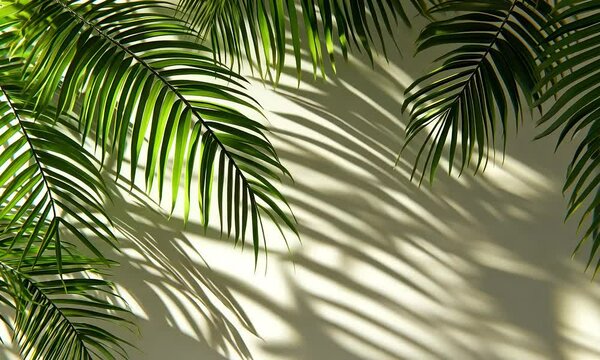 A close-up of green palm leaves casting shadows on a light wall, creating a serene and tropical atmosphere.