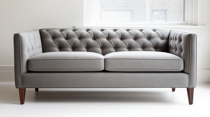 Fototapeta premium Elegant Gray Tufted Couch with Wooden Legs in Bright Room