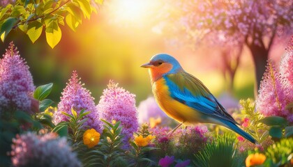 A colorful bird resting in a lush spring garden, surrounded by blossoming flora under warm sunlight.