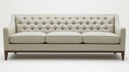 Elegant tufted sofa with neutral fabric and wooden legs
