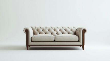 Elegant tufted sofa with wooden legs against a minimalistic backdrop