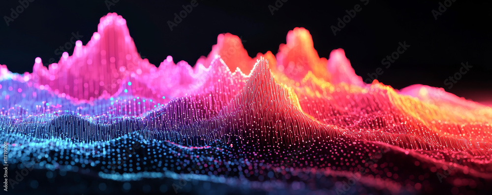 Poster vibrant audio visualization with colorful peaks representing sound waves in motion.