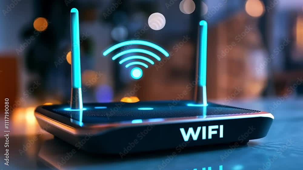 Poster modern wifi router with glowing signals on a digital circuitry background.
