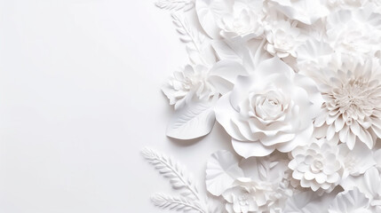 Fototapeta premium white frame of flowers with flowers on a grey background wedding background with flowers, place for text, delicate tones, aesthetic