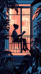 A silhouette of a woman reading on a balcony surrounded by plants, illuminated by warm light.