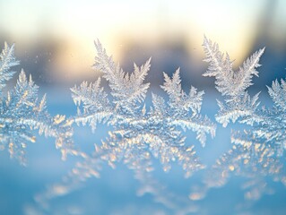 Obraz premium Intricate frost patterns on glass with blurred winter background