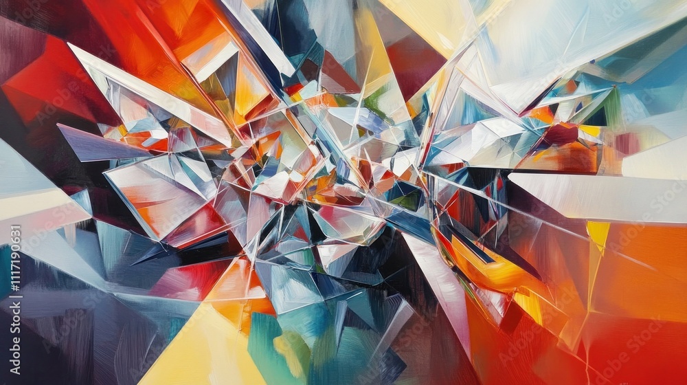 Poster a painting that uses geometric shapes and sharp lines to create a shattered mirror effect.