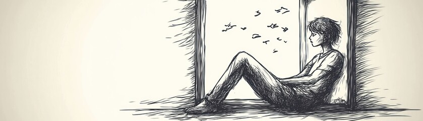 A sketch of a person sitting by a window, lost in thought, with birds flying outside.