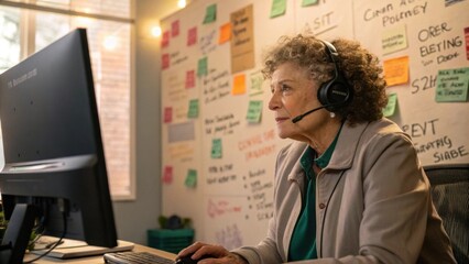 An older woman with curly hair is in a techfilled workspace learning how to code on her desktop computer. The walls are adorned with postit notes and motivational quotes and she