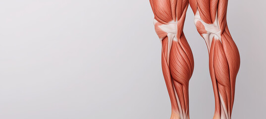 Detailed anatomical illustration of human leg muscles with clear labeling and realism.