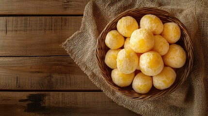 Fresh Yellow Cheese Balls in a Woven Basket on Wooden Table