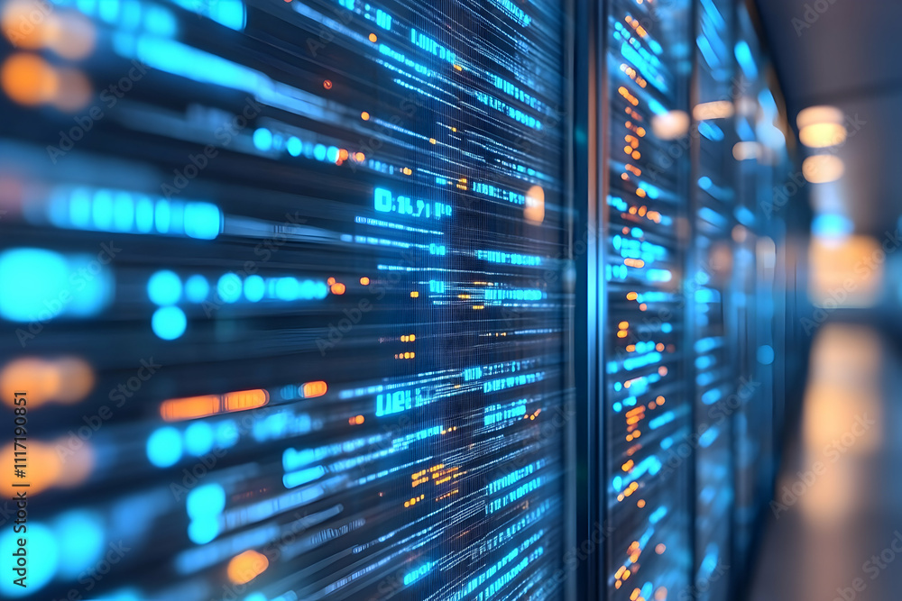 Poster server room with glowing lines of code.
