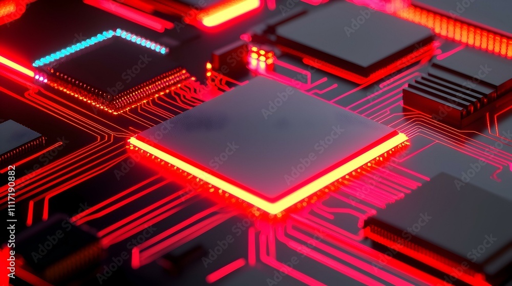 Aufkleber glowing red circuit board with central processor. abstract technology background.