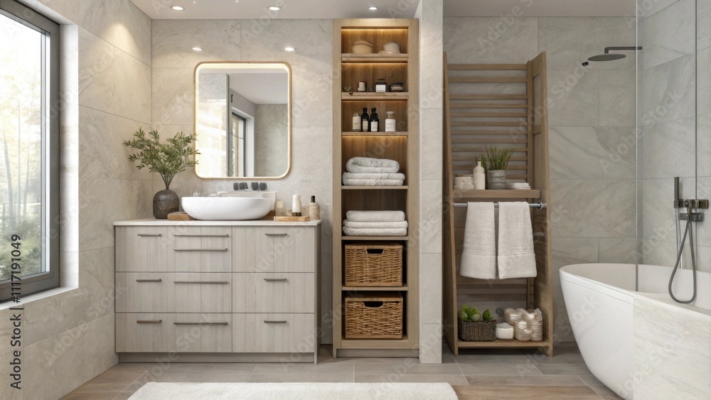 Poster elegant storage solutions blend into the design showcasing neatly folded towels and aromatic bath es