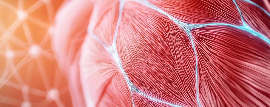 Detailed anatomical image highlighting human muscle fibers and structure.