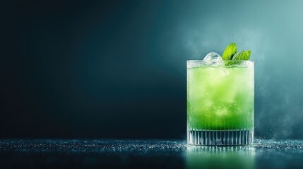 Cucumber mojito with mint and ice on a dark background, real photo. --ar 25:14 --personalize...