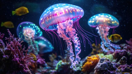 Colorful Jellyfish Swimming in Vibrant Coral Reef Aquarium