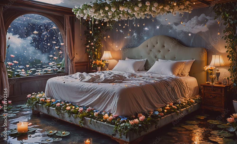 Poster a bed is decorated with flowers and has a window with a view of a lake. the room is lit up with cand
