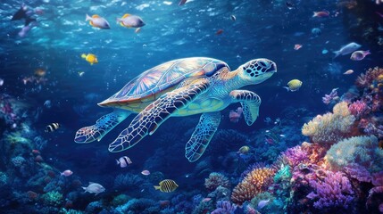 Obraz premium Colorful Sea Turtle Swimming in Vibrant Coral Reef Underwater