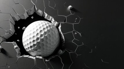 The golf ball violently penetrated the black wall.