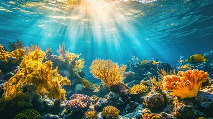 Fototapeta premium Vibrant Underwater Scene with Sunlight and Colorful Coral Reefs