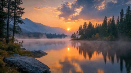 Fototapeta premium Scenic sunrise over misty lake with mountains and pine forest reflection