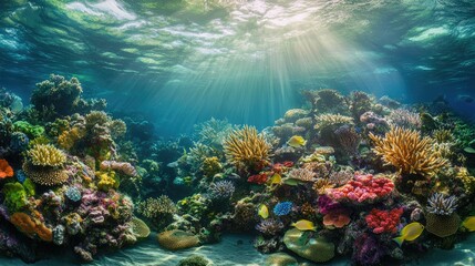Fototapeta premium Underwater Coral Reef with Diverse Marine Life and Sunlight Beams