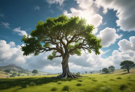 Solitario ?rbol de roble en un paisaje verde con nubes blancas en el cielo, paisaje verde, ?rboles, roble