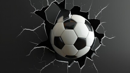 The soccer ball violently penetrated the black wall.